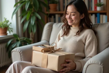 Jeune maman souriante avec cadeaux de naissance dans un salon