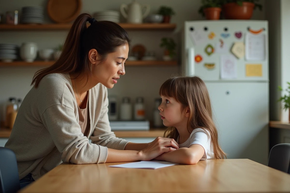 Mère attentive parlant à sa fille dans la cuisine