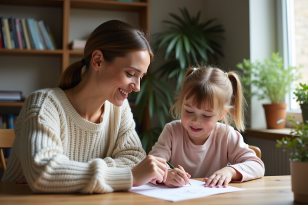 Maman souriante écoute sa fille partager un dessin à la maison