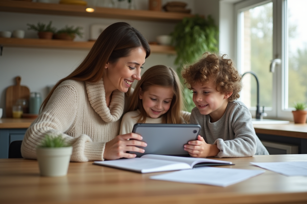 Maman souriante avec ses enfants partageant un moment convivial