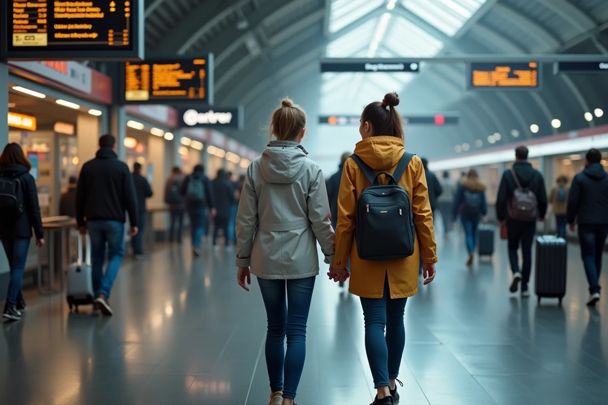 Mère et fille attendant dans une gare en voyage