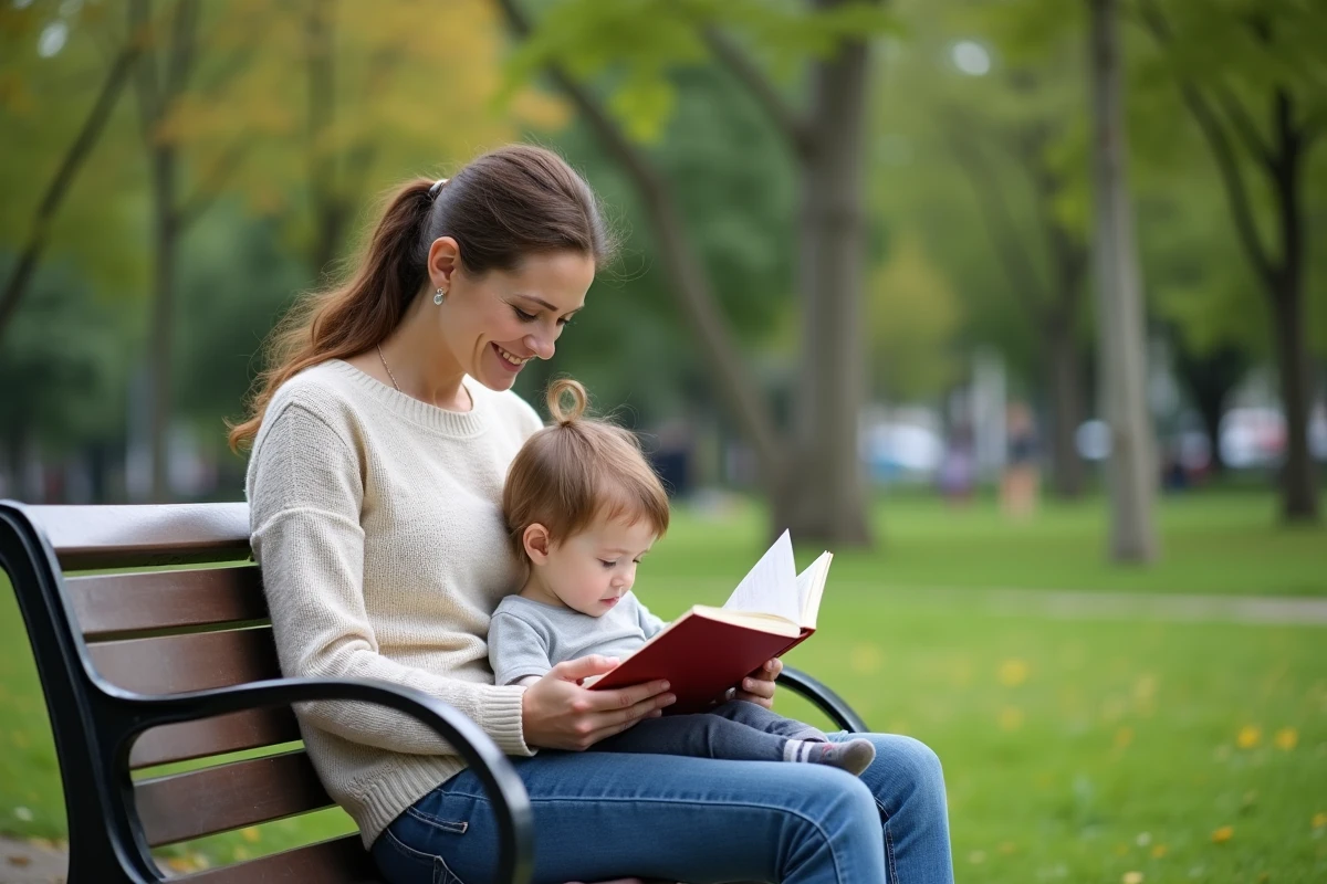 Maman et enfant lisant dans un parc urbain