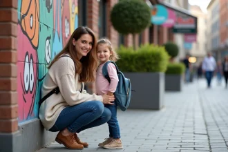 Maman et fille devant un mural coloré à Lille
