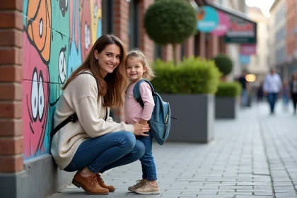 Maman et fille devant un mural coloré à Lille