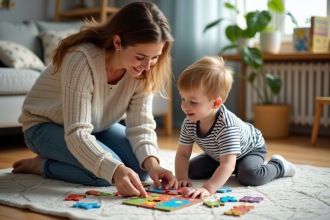 Maman et son fils jouent à un puzzle dans le salon