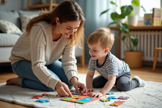Maman et son fils jouent à un puzzle dans le salon