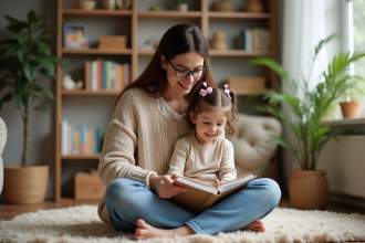 Maman lit un livre à sa fille dans un salon chaleureux