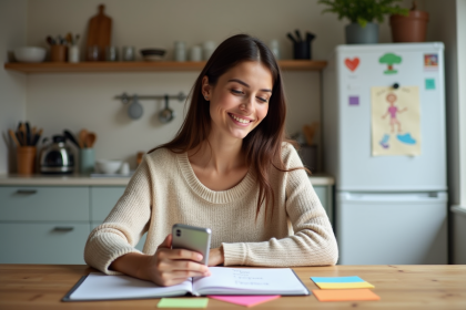 Jeune maman organisée vérifiant sa liste de tâches