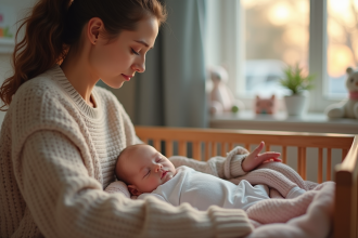Mère douce avec bébé endormi dans un lit en bois