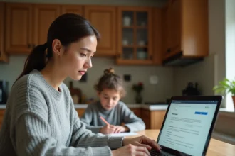 Mère de famille consultant les paramètres de confidentialité de l'application Mon Proxima sur un ordinateur portable dans une cuisine familiale