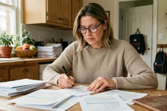 Mère de famille consultant des documents fiscaux à la table de la cuisine pour déduire les frais de cantine de ses impôts