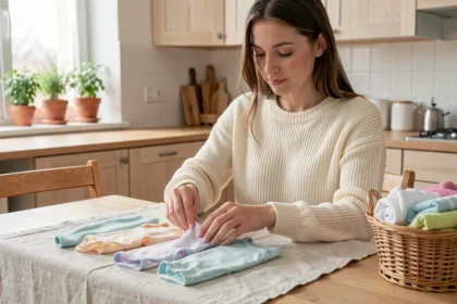 Jeune mère qui trie des vêtements bébé colorés et abordables sur une table en bois dans une cuisine scandinave
