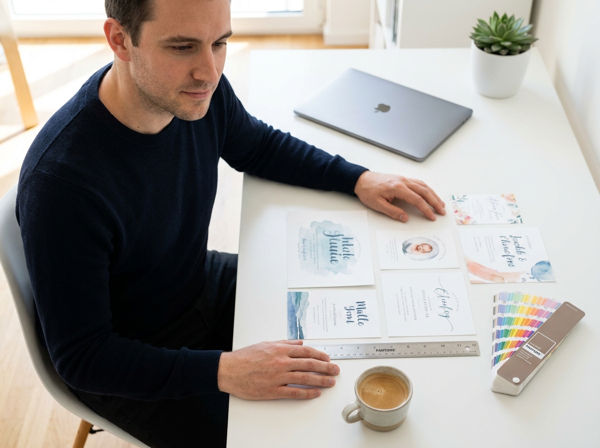Designer graphique examinant plusieurs modèles de faire-part de naissance imprimés sur un bureau minimaliste blanc en vue aérienne