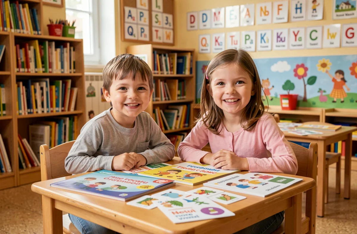 Deux jeunes élèves de Mon École My School travaillant avec des livres bilingues français-anglais