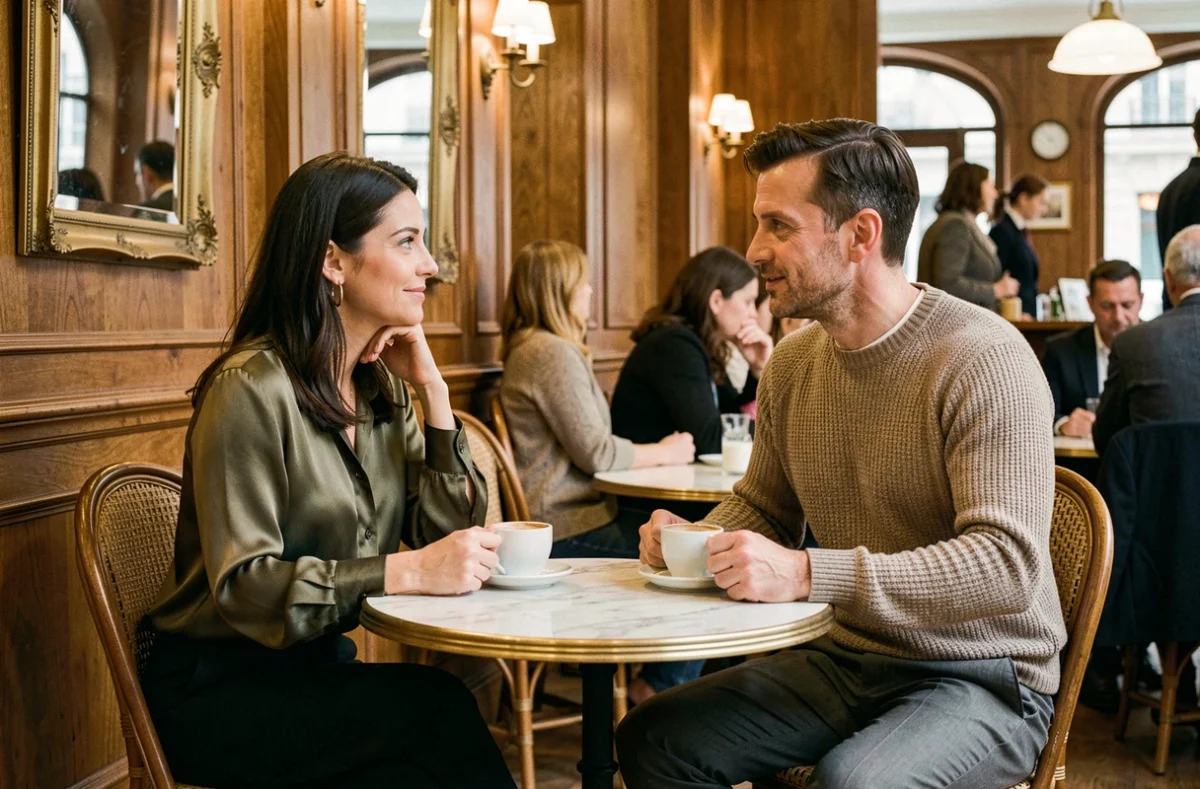 Couple attablé dans un café parisien illustrant la vie privée et discrète de Monelle Godaert et son mari
