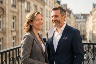 Couple élégant en ville évoquant Monelle Godaert et son mari lors d'une sortie à Bruxelles