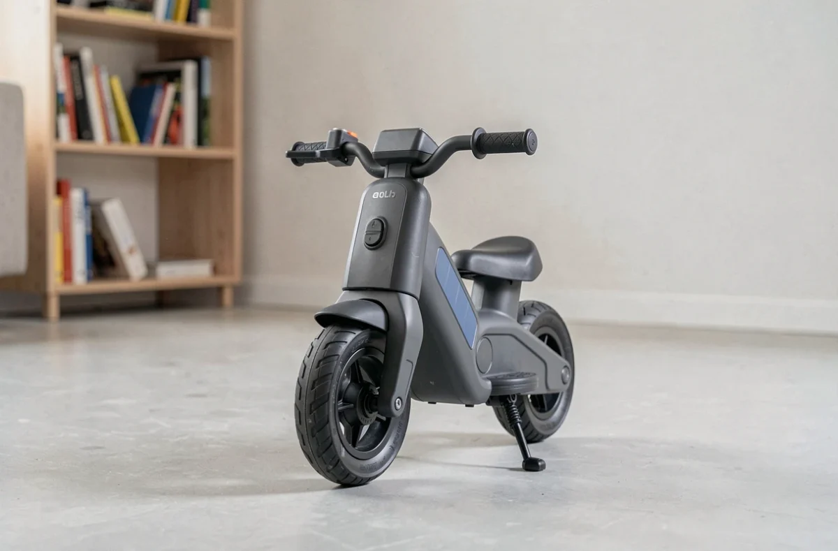Petite moto électrique pour enfant de 2 ans posée sur un sol intérieur, vue en contre-plongée détaillant sa conception