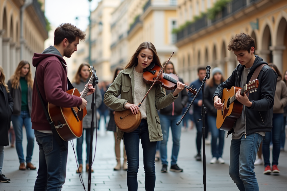Jeunes musiciens jouant dans une place urbaine animée