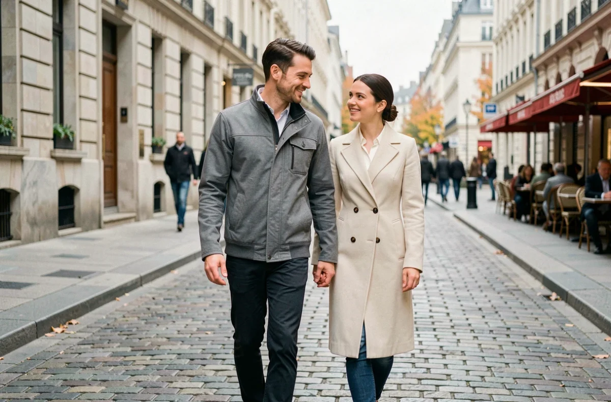 Couple marchant ensemble dans une rue européenne, illustrant la complicité entre Nico Hulkenberg et sa femme Egle Ruskyte en dehors du monde de la course