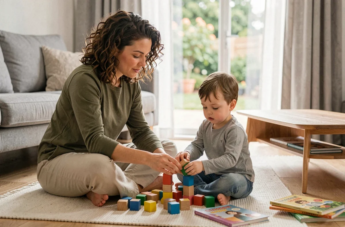 Nounou assise par terre jouant avec des blocs en bois avec un enfant de 3 ans dans un salon familial moderne lors de la première garde
