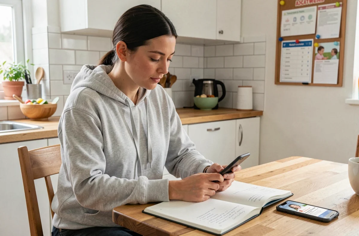 Jeune nounou consultant ses instructions de garde sur un cahier et son téléphone dans une cuisine familiale avant sa première garde d'enfant