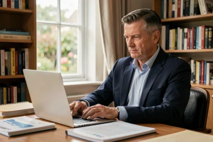 Homme professionnel dans la quarantaine travaillant dans un bureau à domicile chaleureux, entouré de livres et de documents, illustrant la vie publique et l'univers privé d'Olivier Dauvers