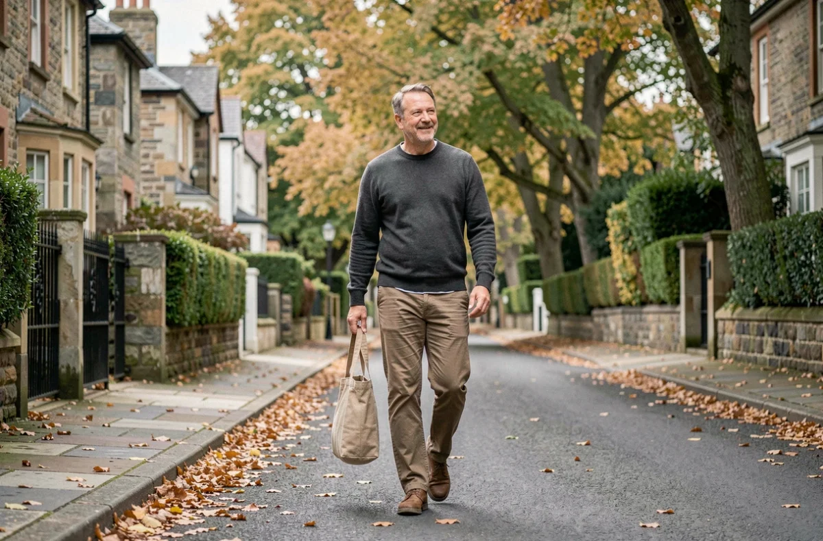 Homme en tenue décontractée se promenant dans une rue résidentielle calme bordée d'arbres en automne, évoquant la vie privée et le quotidien discret d'une personnalité publique