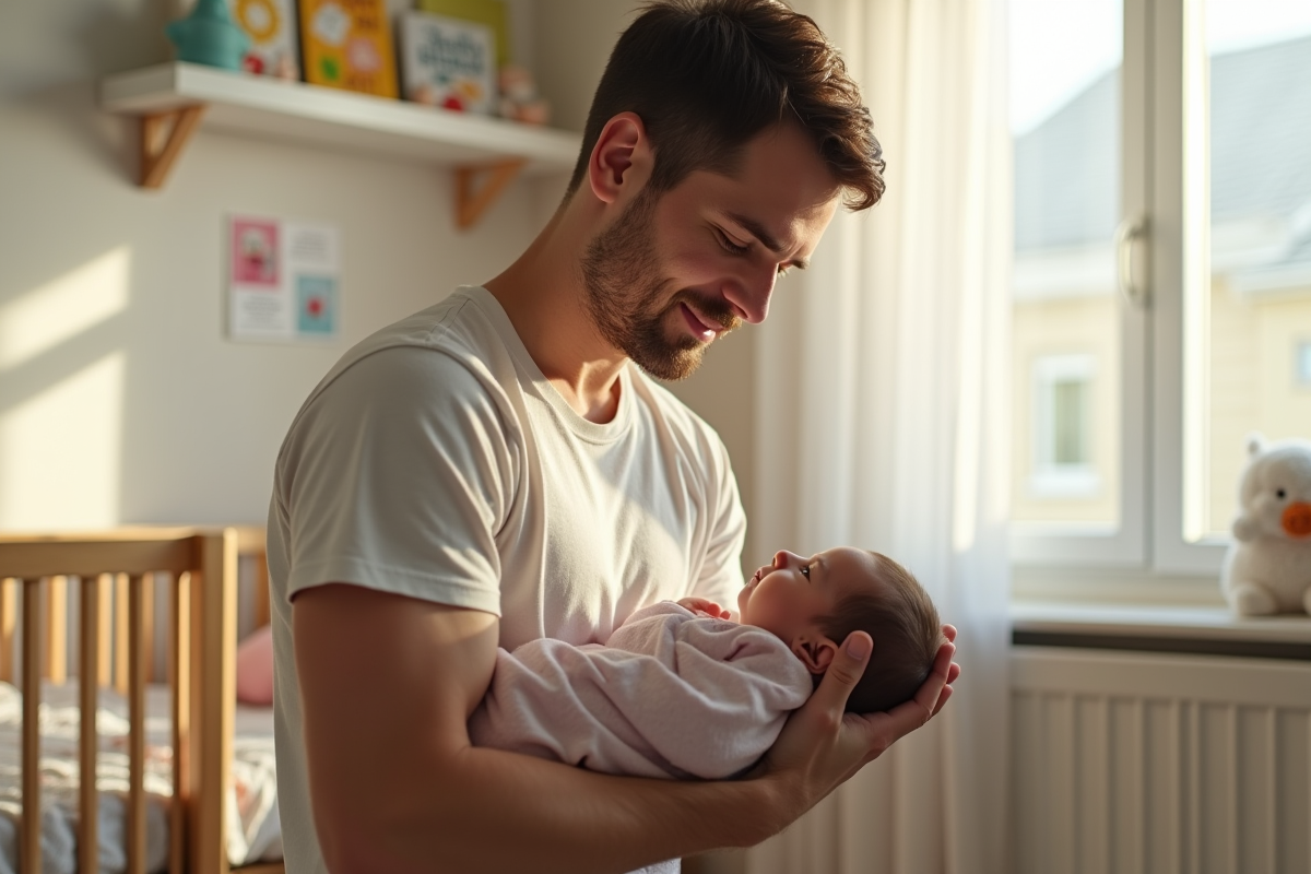 Père tenant tendrement son bébé dans une chambre lumineuse
