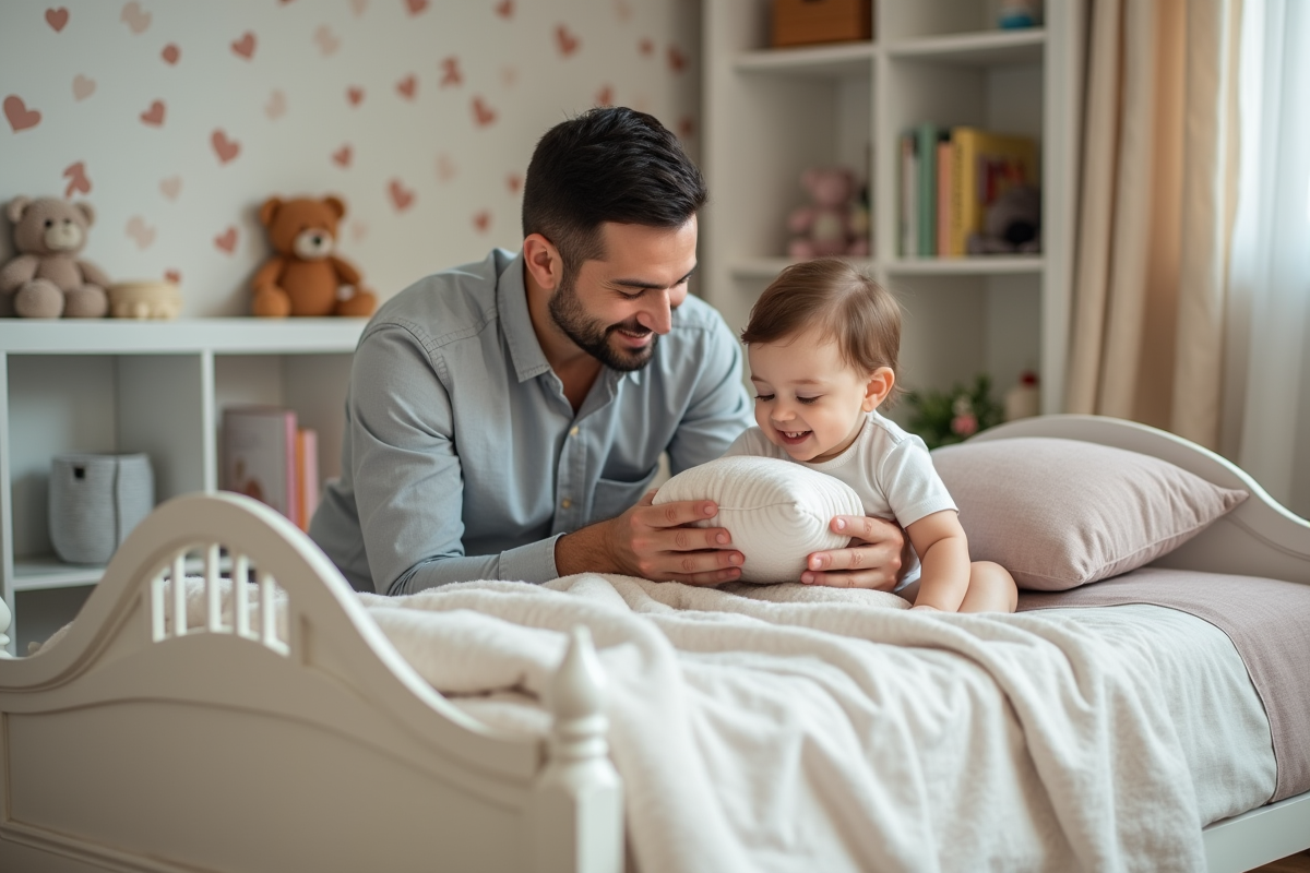Père et bébé de dix mois dans une chambre chaleureuse