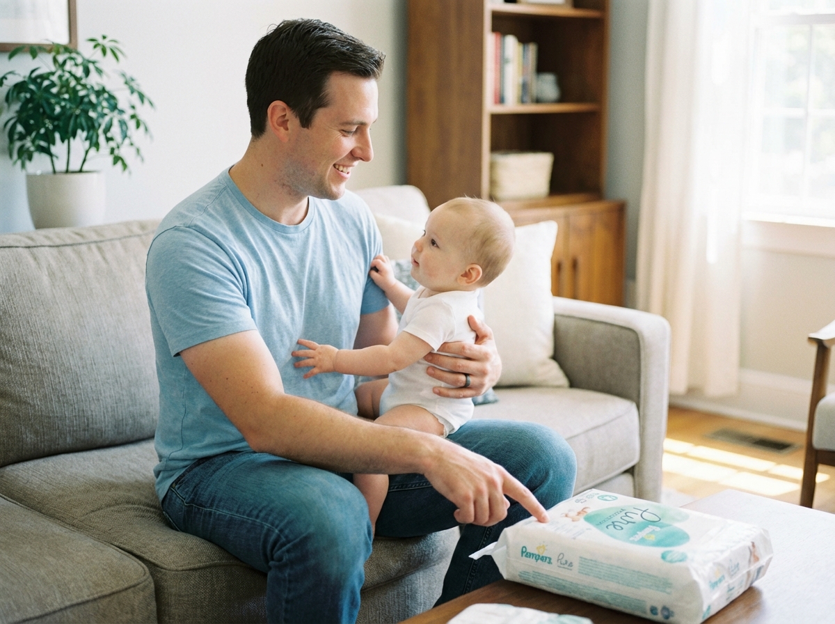 Papa souriant avec son bébé sur le sofa dans un salon moderne