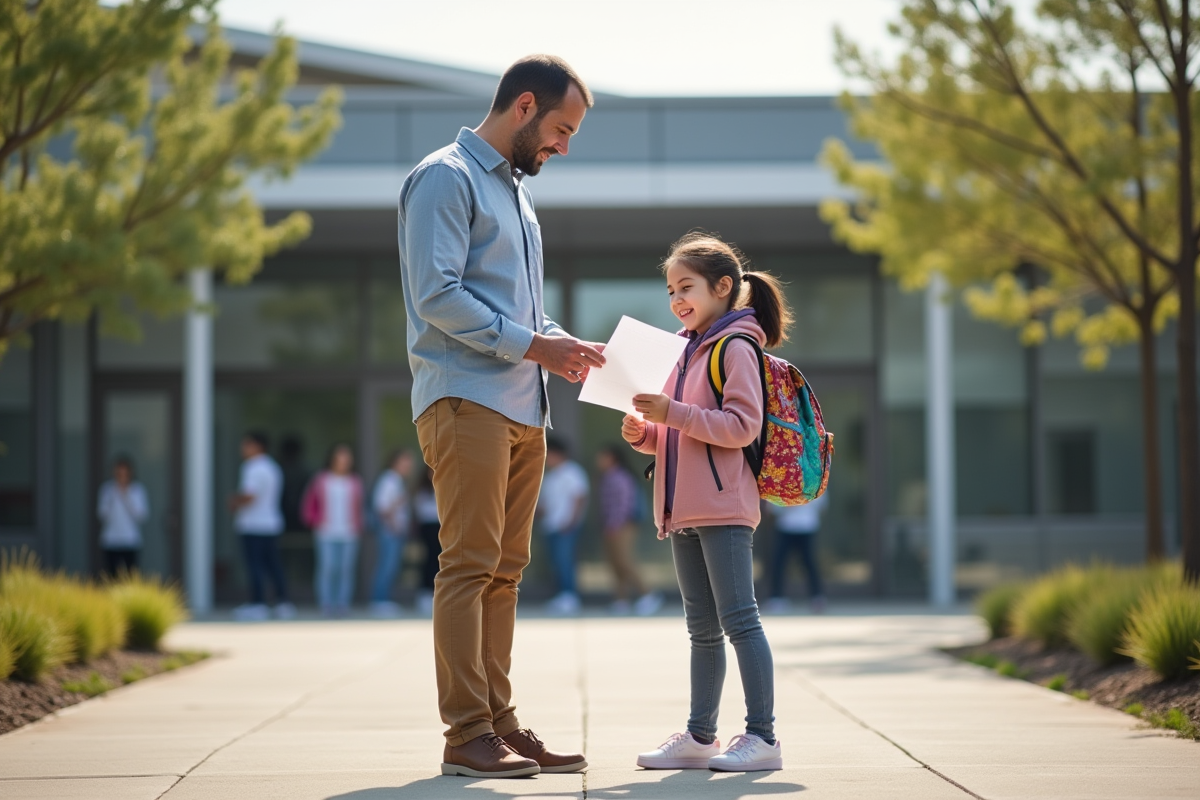 Papa avec sa fille devant l école en pleine discussion