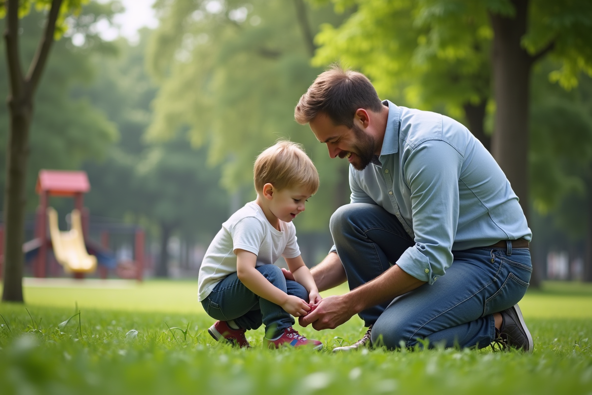 Père attachant les lacets de son fils dans un parc urbain