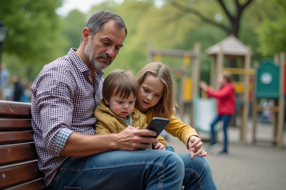 Père avec ses enfants sur un banc de parc en ville