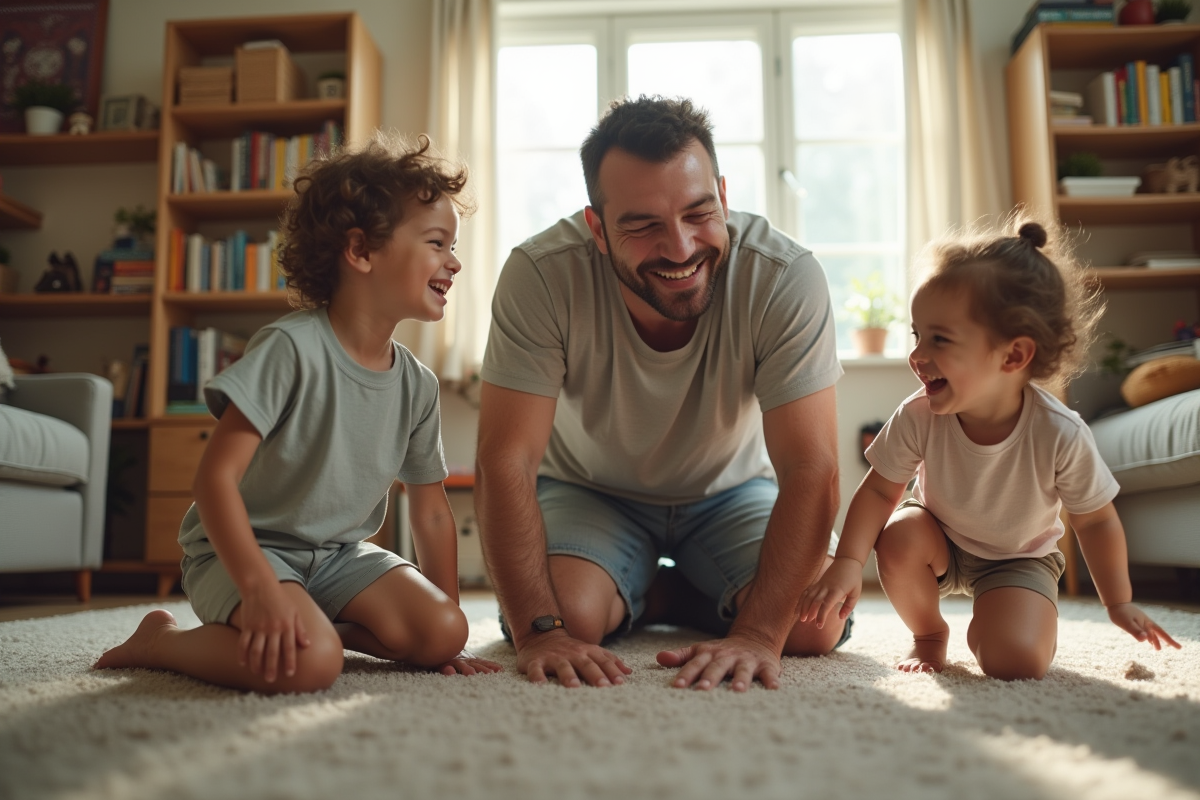Père jouant avec ses enfants dans le salon en famille