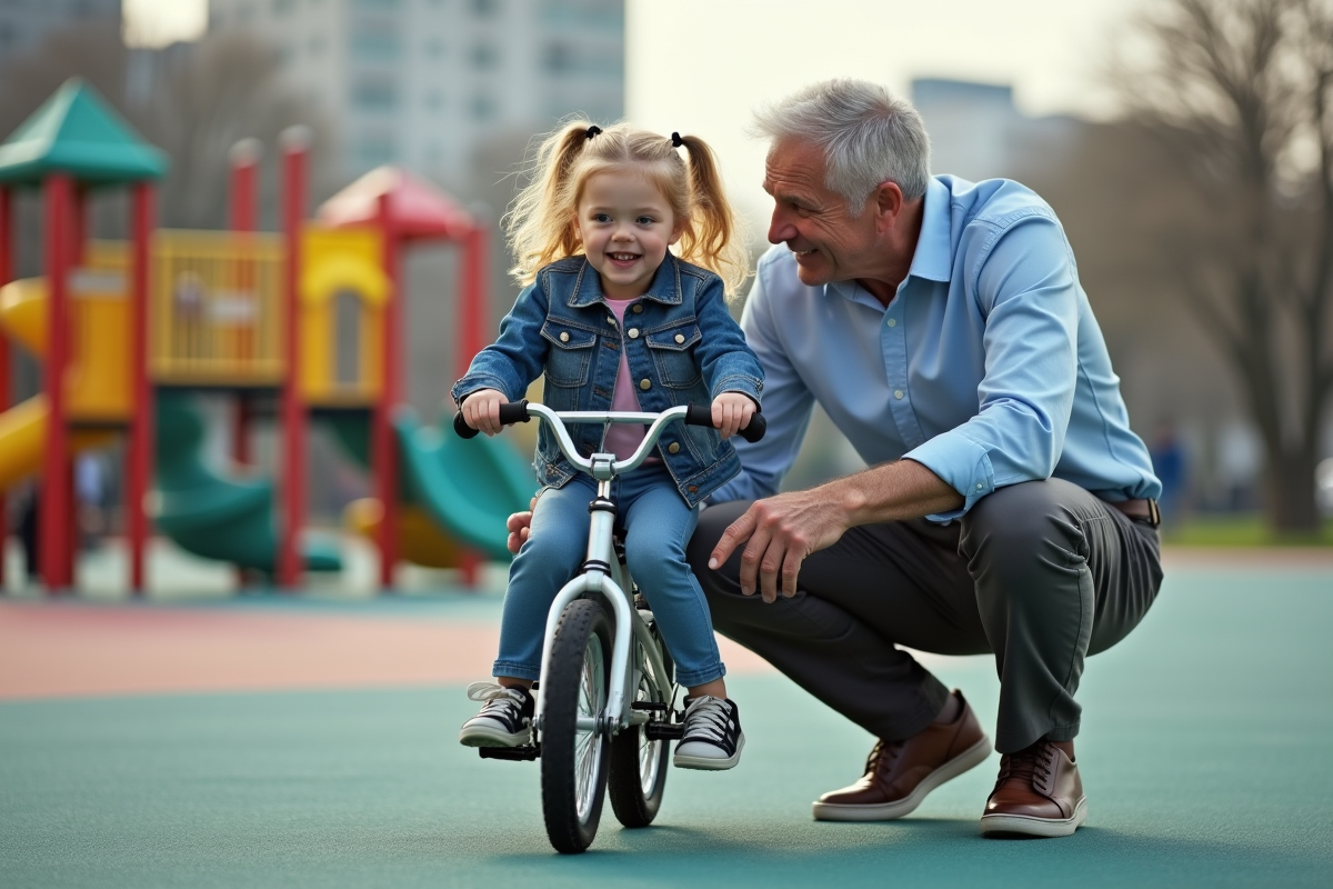 Père et fille apprennent à faire du vélo au parc