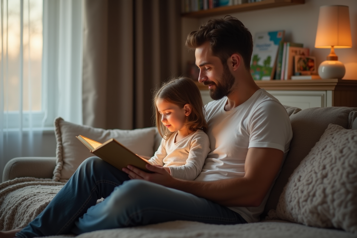 Père lisant une histoire à sa fille dans le salon
