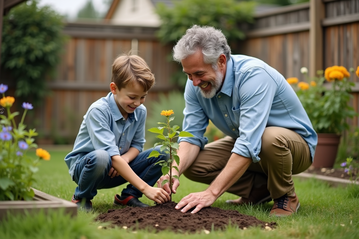 Pere et fils plantent un arbre dans le jardin en famille