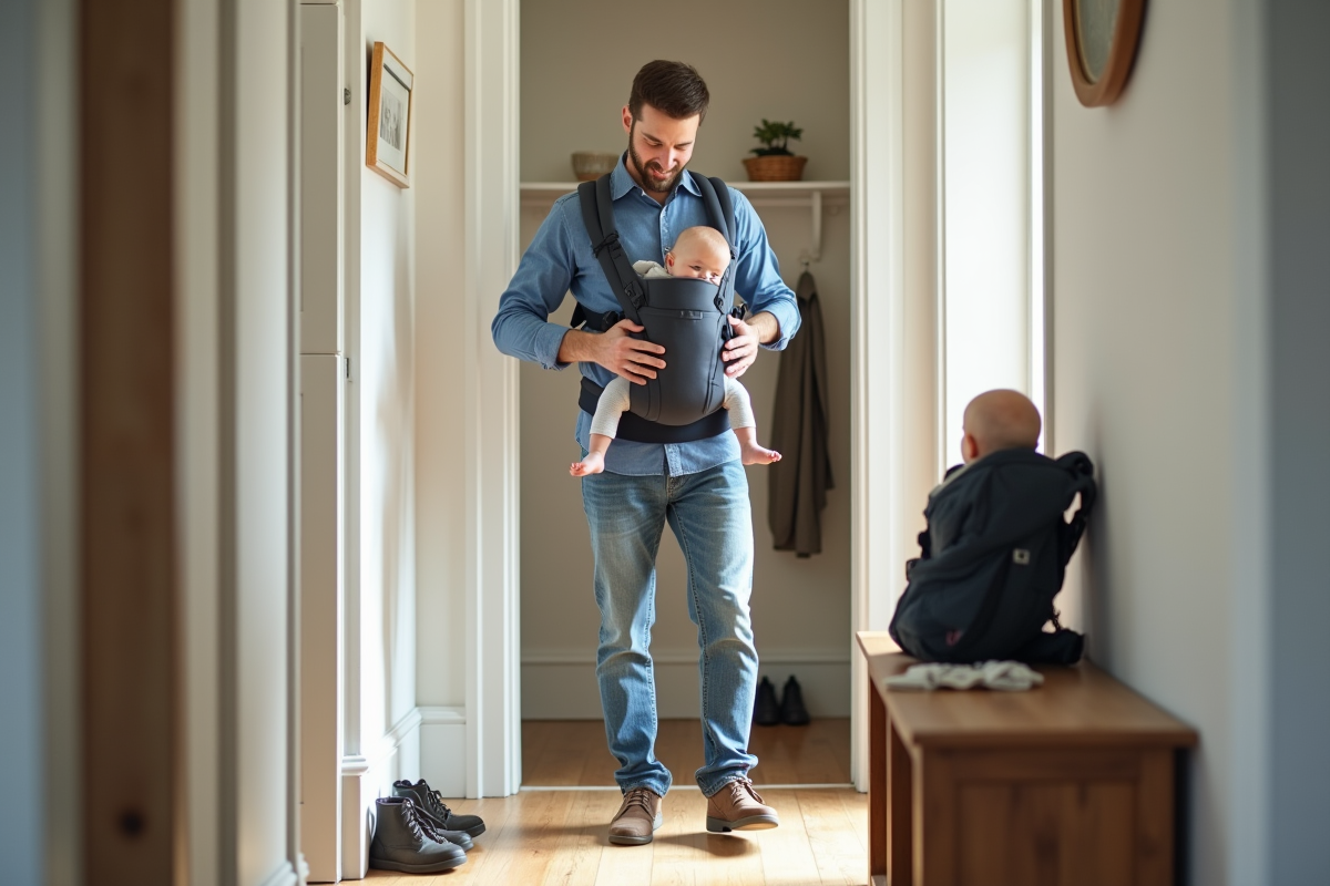 Père soulevant son bébé dans un couloir lumineux