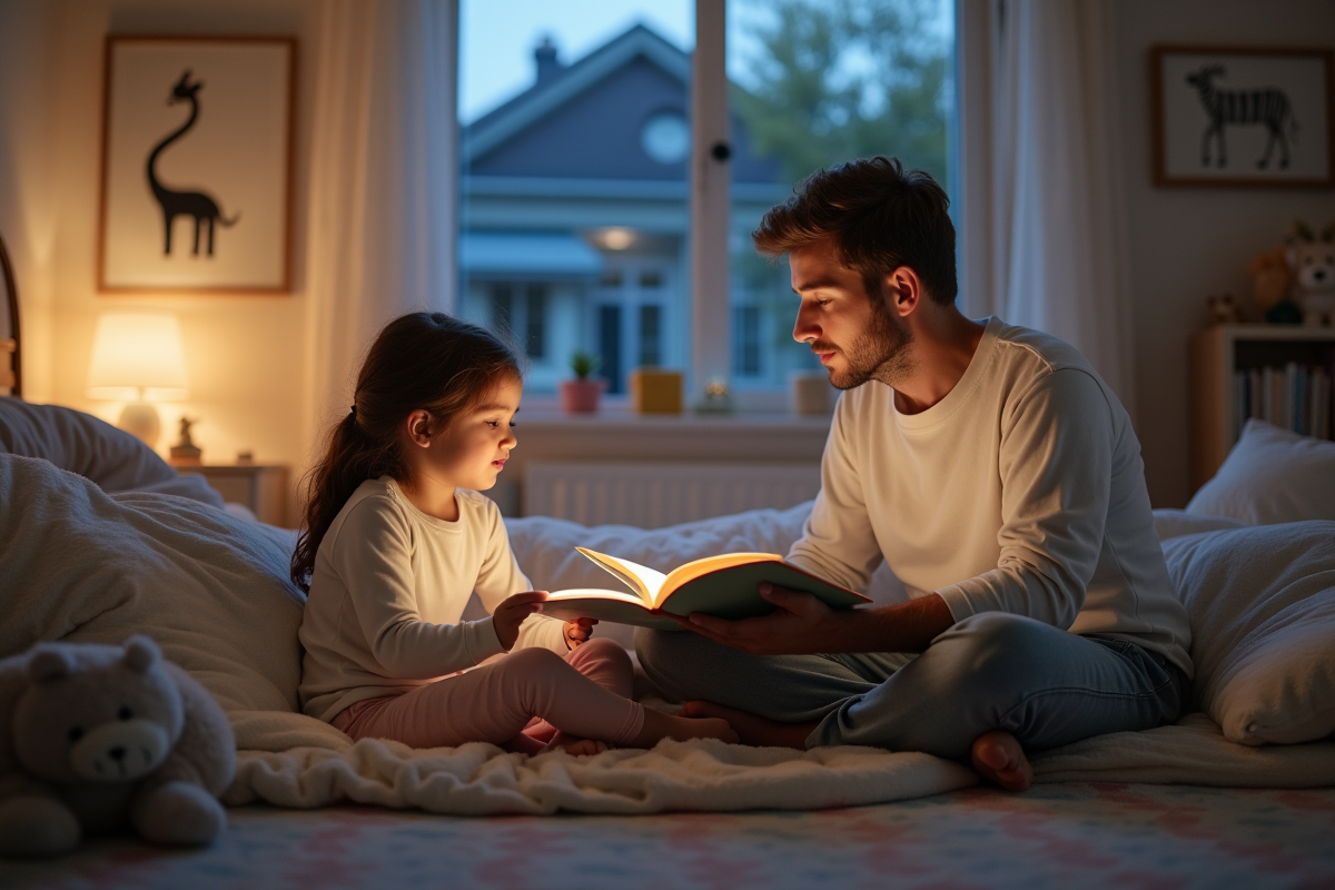 Pere lit un conte à sa fille dans une chambre douce et accueillante