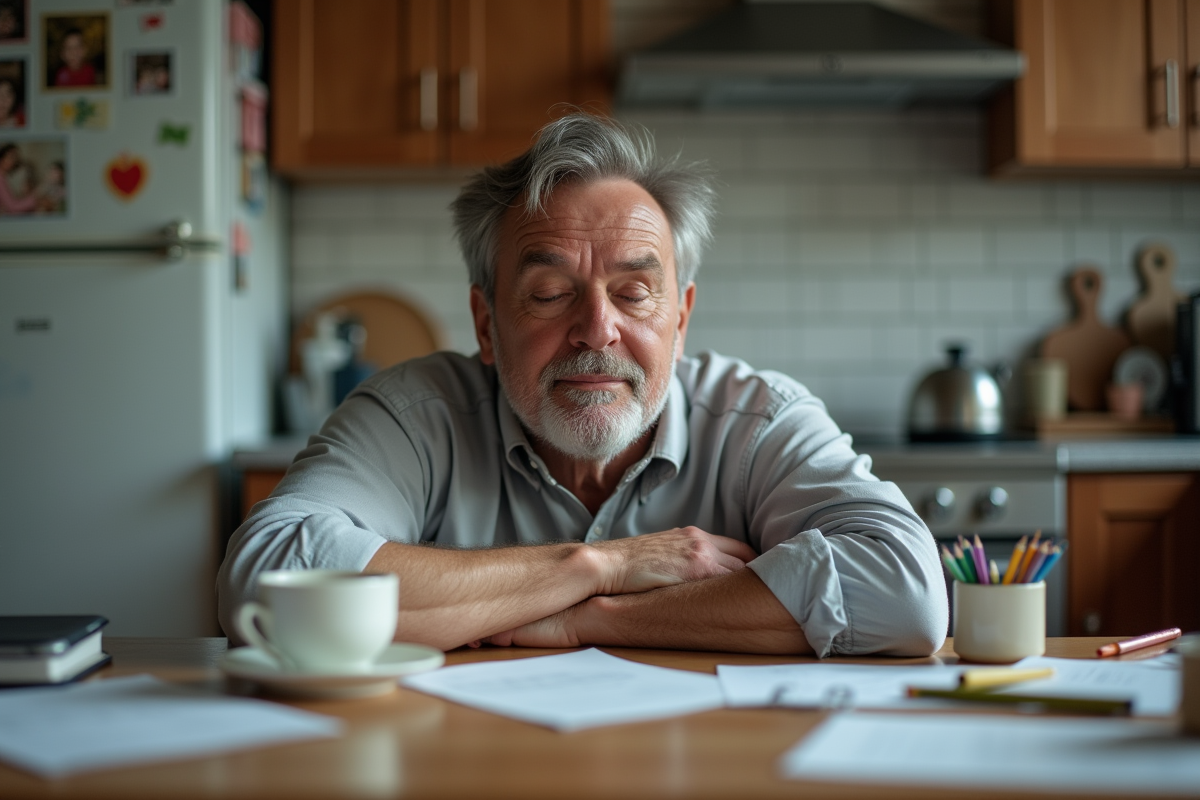 Pere en introspection dans la cuisine avec jouets et café