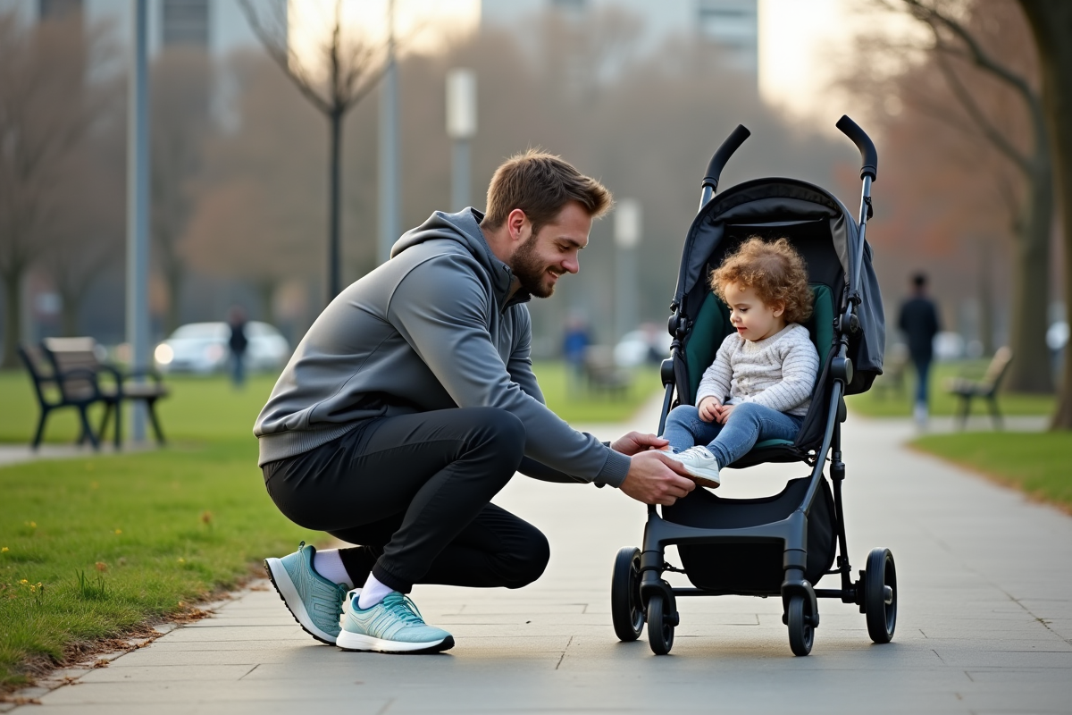 Père attachant la chaussure de son enfant dans parc urbain