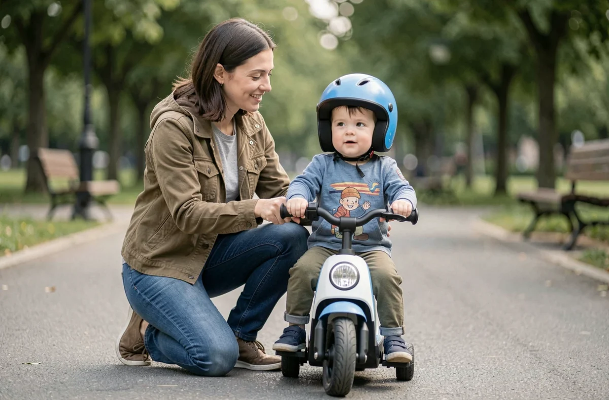 Parent accompagnant un enfant de 2 ans lors de son premier essai de moto électrique dans un parc urbain