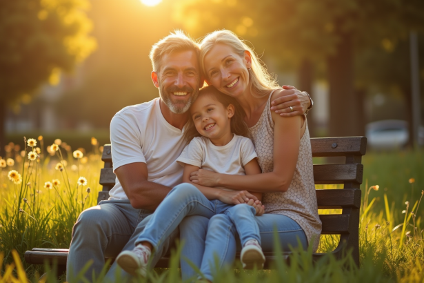 Parent et enfant souriants sur un banc en plein soleil