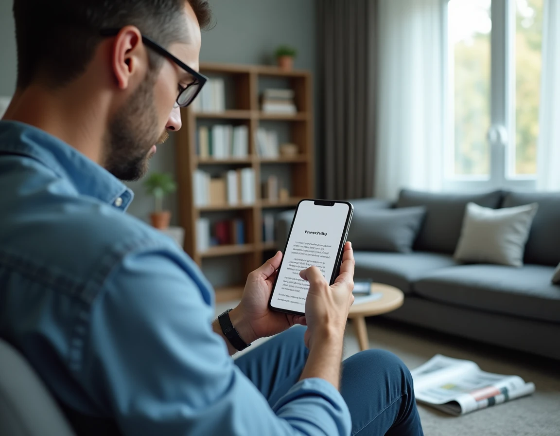 Parent lisant la politique de confidentialité de Mon Proxima sur son smartphone dans un salon familial