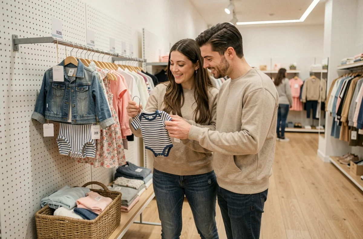 Couple de jeunes parents qui choisit des vêtements bébé stylés et économiques dans une boutique moderne aux murs blancs