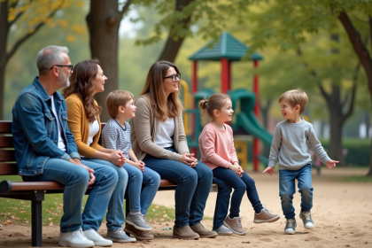 Groupe de parents attentifs dans un parc avec enfants en jeu