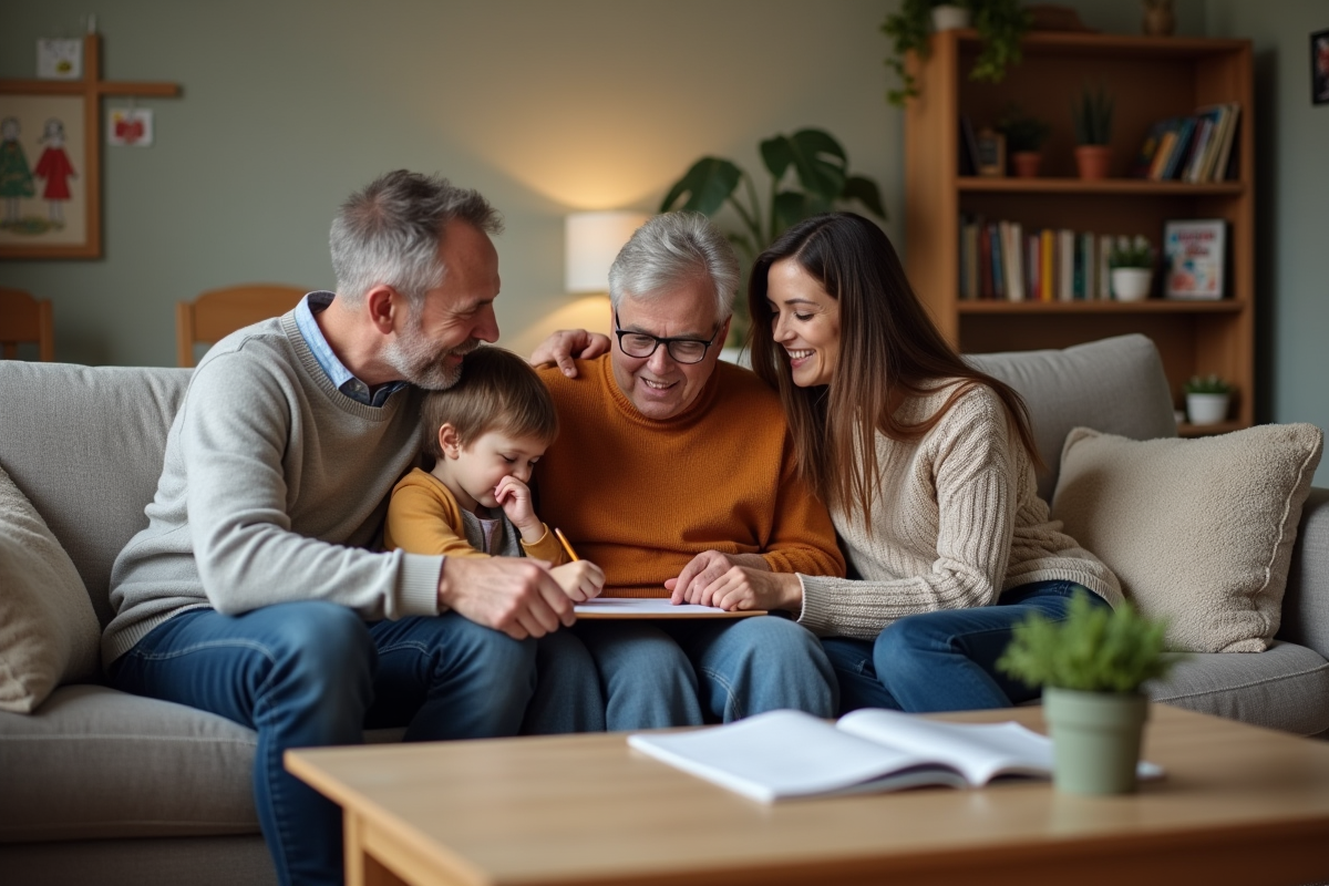 Parents discutant chaleureusement dans un salon avec enfant dessinant