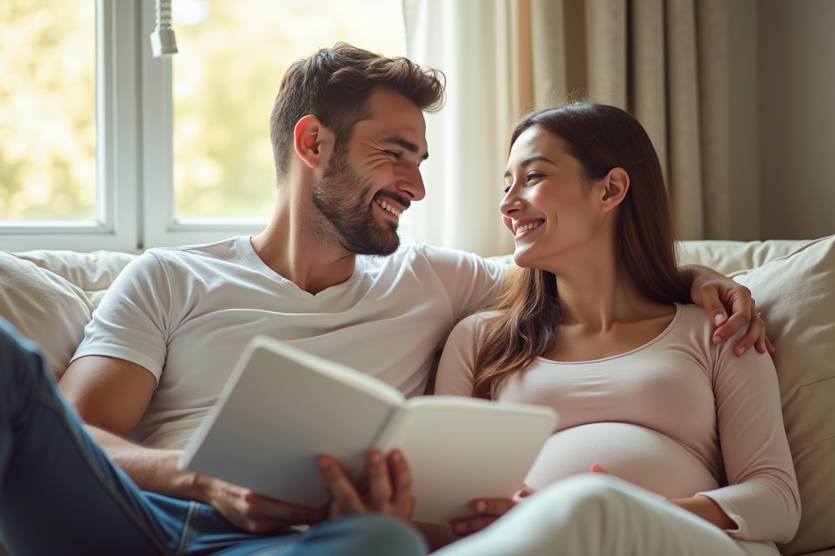 Jeune couple dans une nurserie lumineuse avec liste de noms bébé