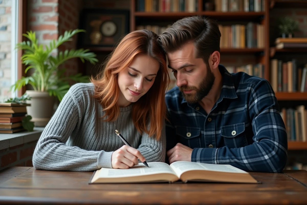Jeunes parents consultant un livre sur l'origine des prénoms bibliques dont Noah dans un bureau vintage chaleureux