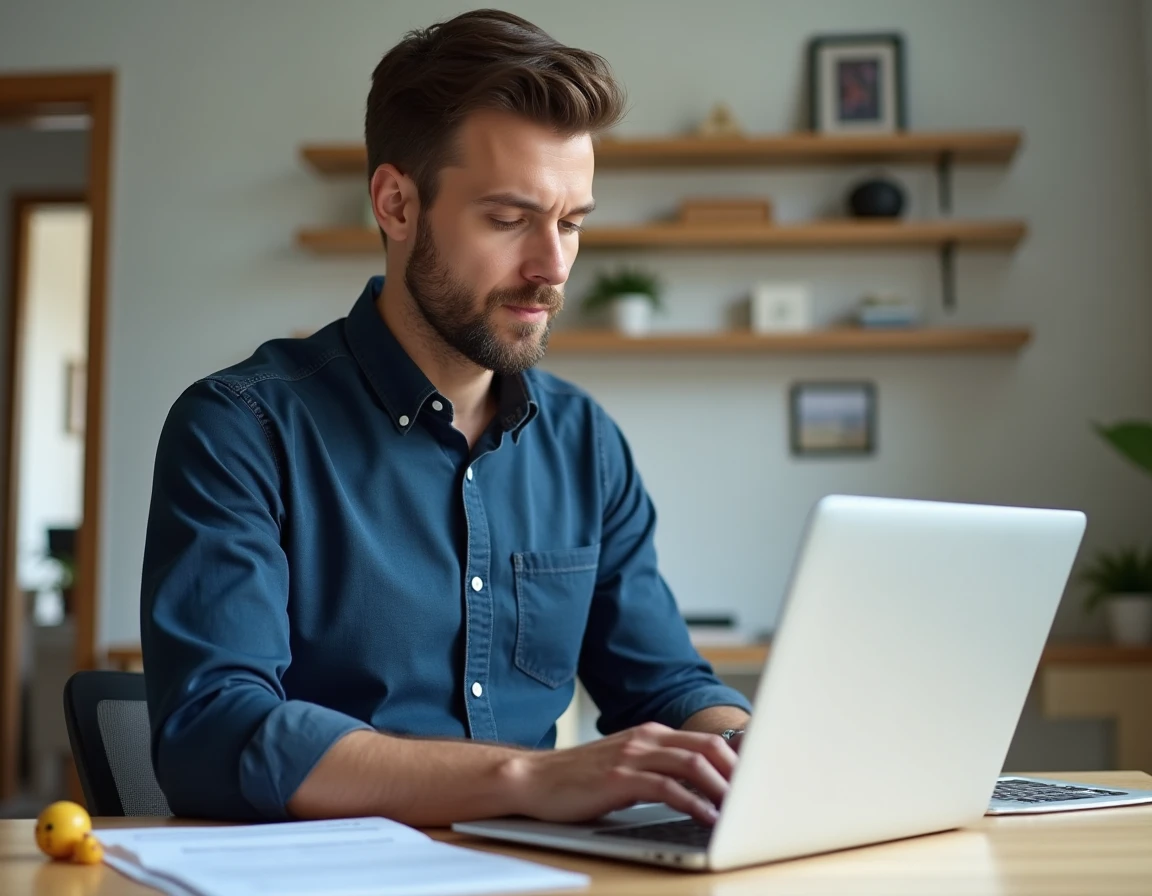 Père en télétravail envoyant une demande de congé parental prolongé depuis son bureau à domicile